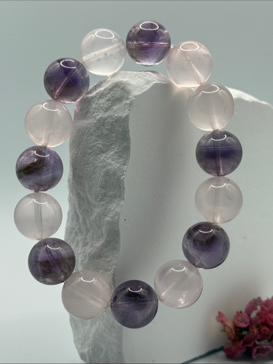 Jewelry - Amethyst & Rose Quartz Beaded Stretch Bracelet - Purple and Pink
